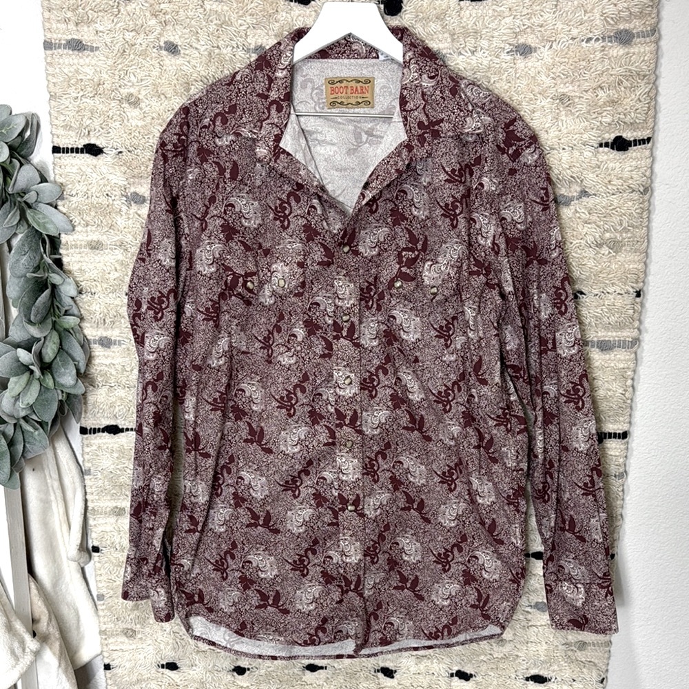 Boot barn Men's Burgundy paisley Patterned button down Shirt size XL
